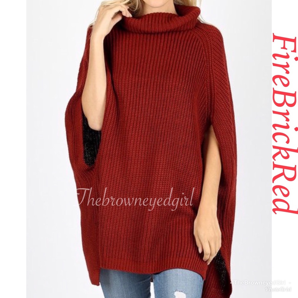 New Fire Brick Red Turtle Neck Sweater Poncho